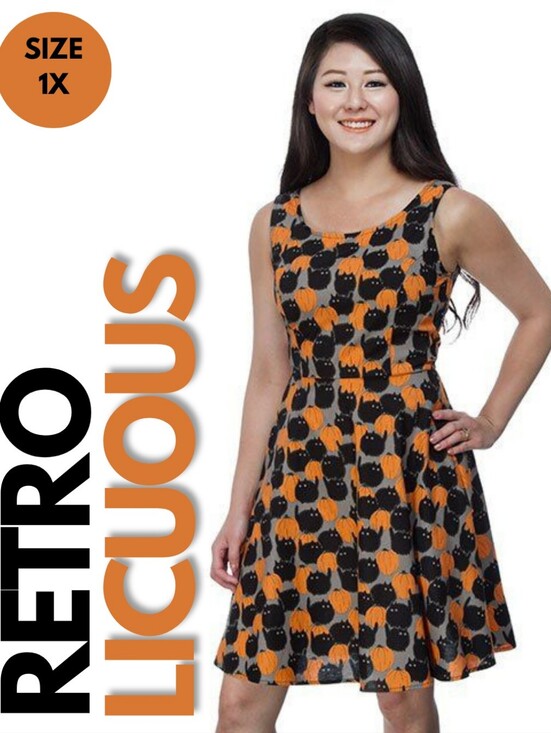 Retrolicious Dresses & Skirts - Retrolicous Spooktacular Pumpkin and Cat Print Dress Size 1X